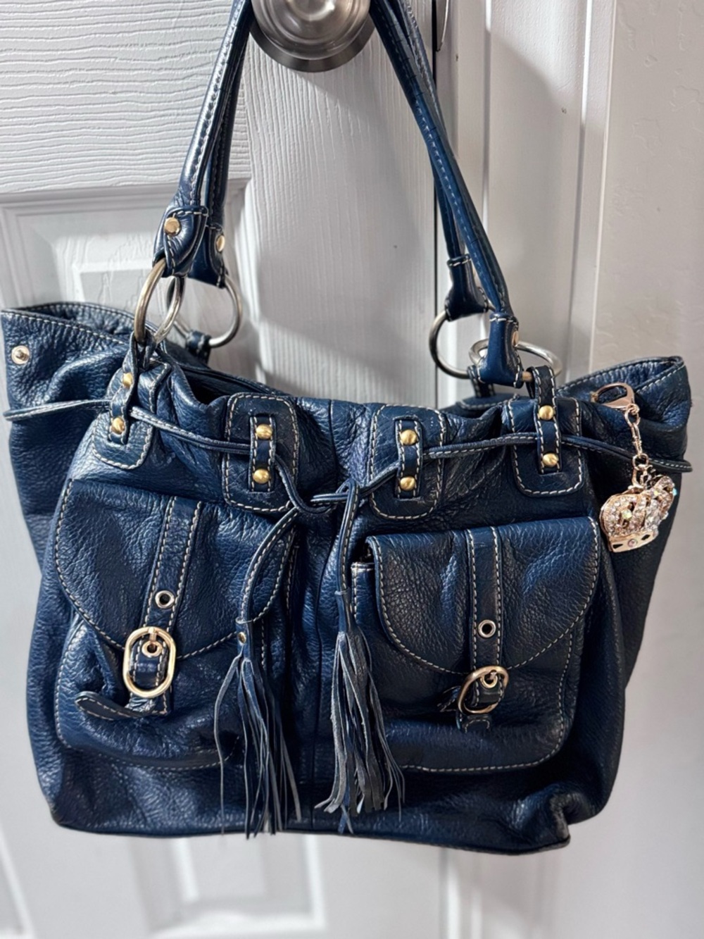 Barney’s New York Navy Leather Tassel Satchel